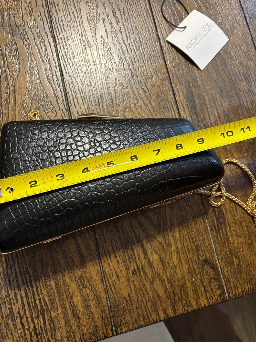 Rachel Zoe Black Croc-Embossed Clutch with Gold Chain Strap